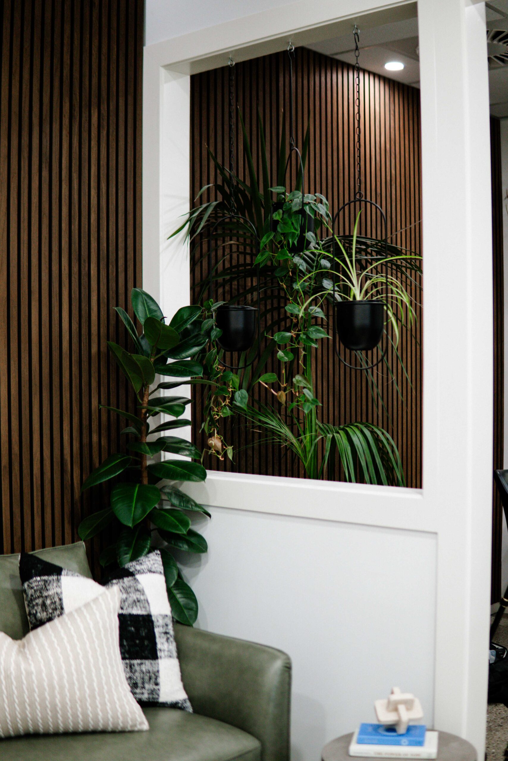 Iron And Ivy Queenstown Salon Waiting Area Hanging Planters Green Sofa 2025.Jpg