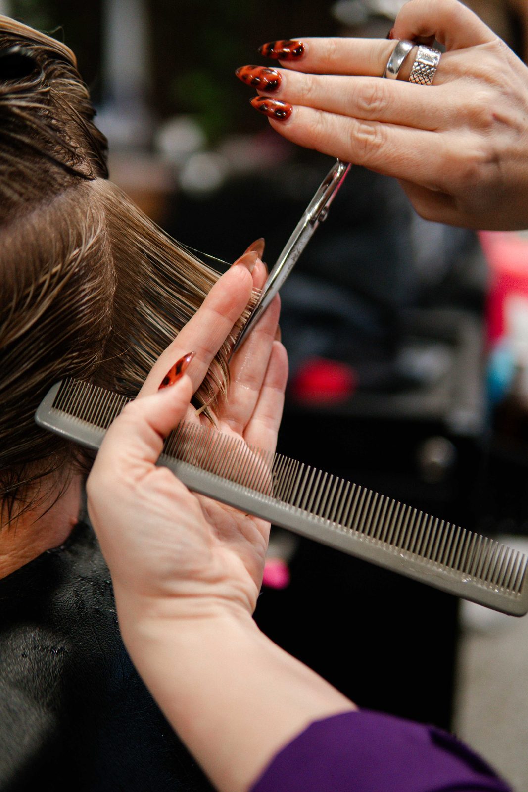 Close-up of a precision point-cutting haircut at Iron + Ivy Hair Studio, Queenstown